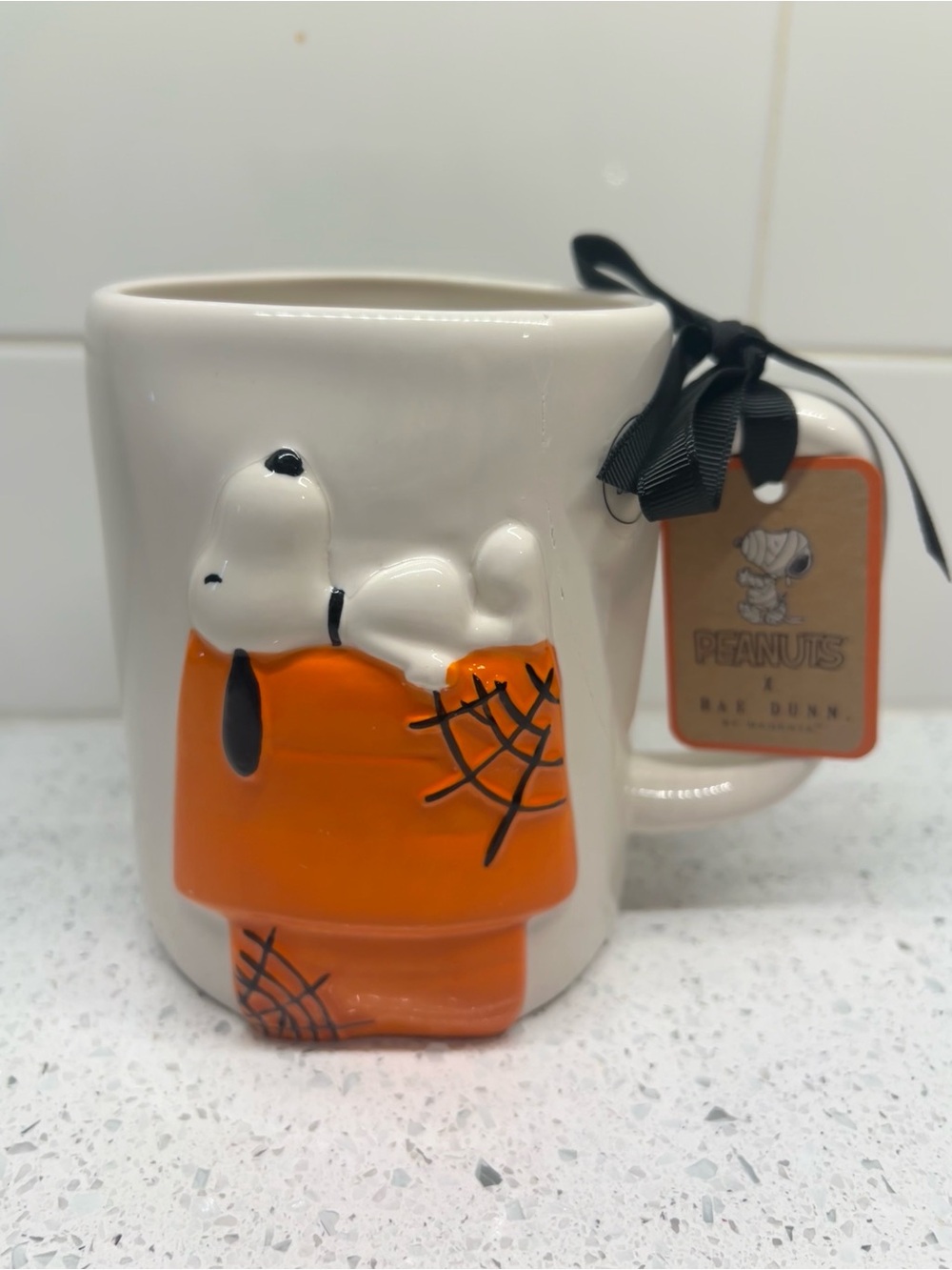 Rae Dunn Halloween White and Orange Snoopy Peanuts Ceramic Mug